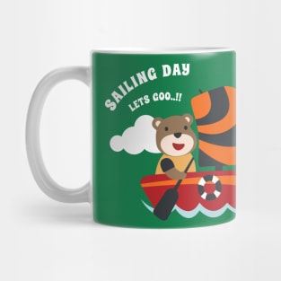 Funny bear sailor cartoon vector on little boat with cartoon style. Mug